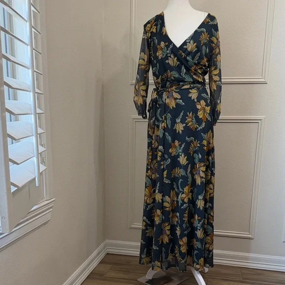Floral Wrap overlayed Maxi Dress 3/4 sleeve in Teal and Mustard✨Large - Picture 8 of 8